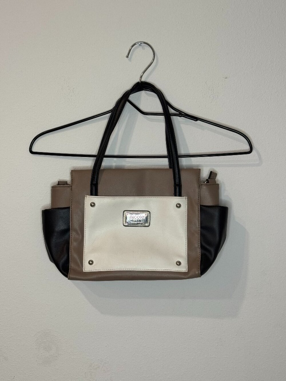 Nicole by Nicole Miller Colorblock Satchel Handbag Brown Cream Black